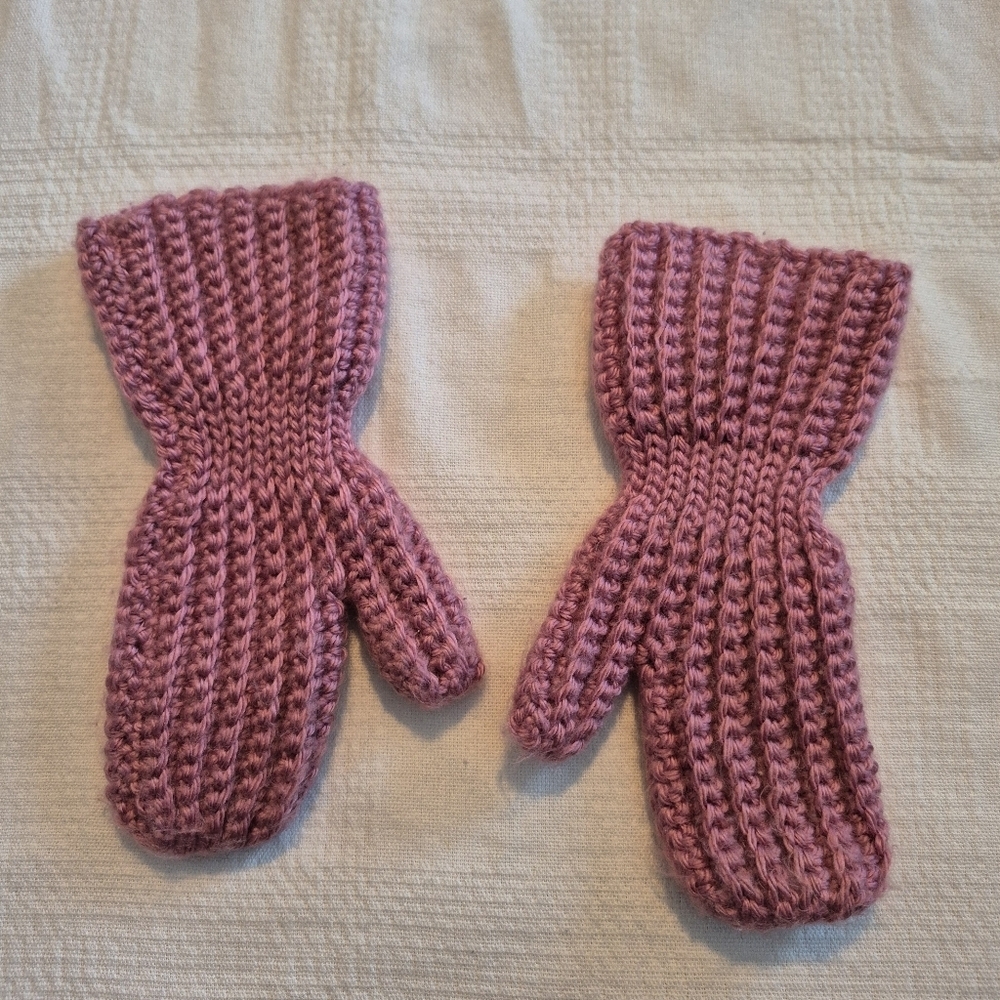 Hand crafted toddler girls dusty rose mitts, Made to wear inside nylon liners